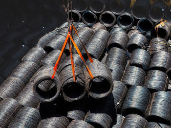 Top view of wire rods in coils stowage into cargo hold of the vessel,