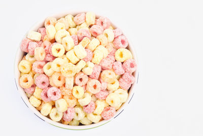 Directly above shot of breakfast in bowl against white background