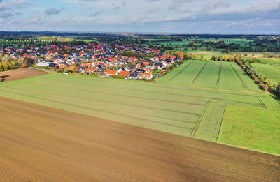 High angle view of field against sky , aerial view