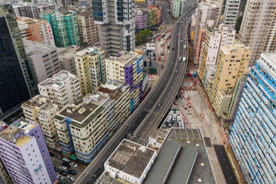 High angle view of street amidst buildings in city