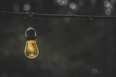 Close-up of illuminated wet light bulb during rainy season