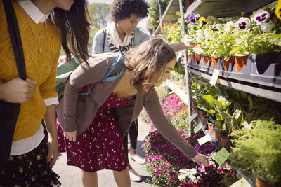 Female friends looking flowers at stall