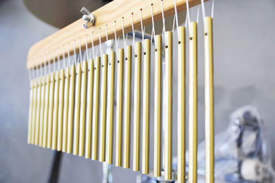 Close-up of clothes hanging on wood