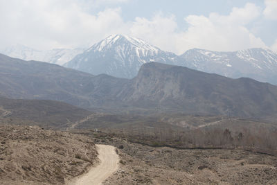 Scenic view of snowcapped mountains against sky