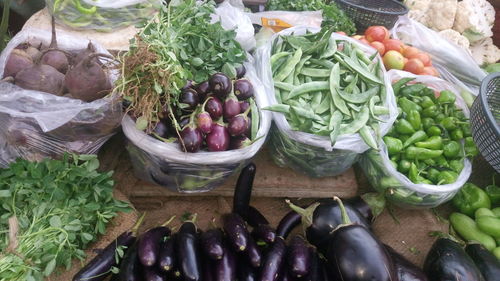 High angle view of vegetables for sale at market stall