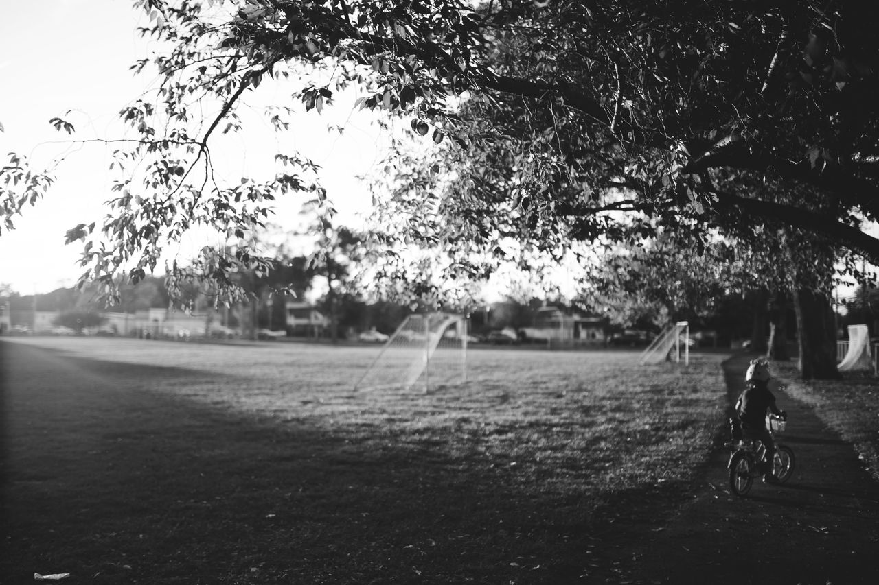 WOMAN RIDING BICYCLE ON FIELD