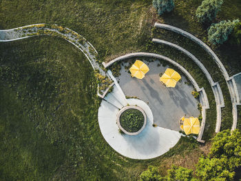 Aerial view of table and chairs at park