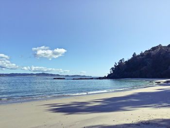 View of calm beach against blue sky