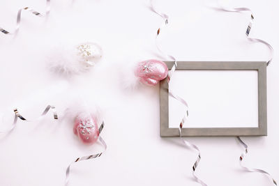 High angle view of white flowers on table