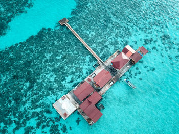 High angle view of ship floating on sea