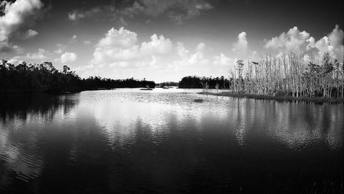 Scenic view of lake against cloudy sky