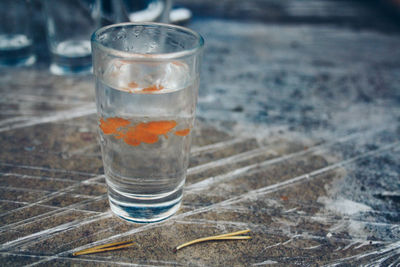 Close-up of water in glass on table