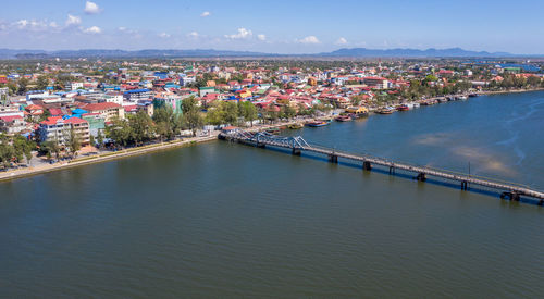 High angle view of river amidst buildings in city