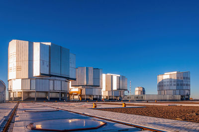 Modern buildings against clear blue sky