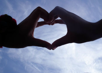 Close-up of hand holding heart shape against sky