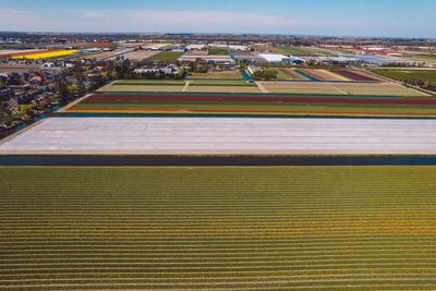 High angle view of soccer field against sky