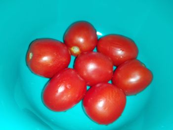 High angle view of cherry tomatoes over blue background