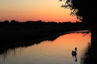 Silhouette man by lake against sky during sunset