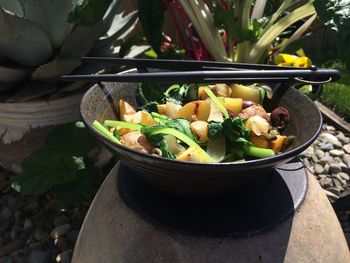 Close-up of chopsticks over salad in bowl against plants