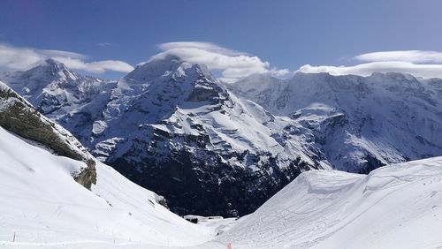 Scenic view of snowcapped mountains against sky