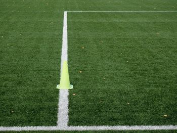 Soccer turf. field with bright green artificial turf and fallen leaves from trees
