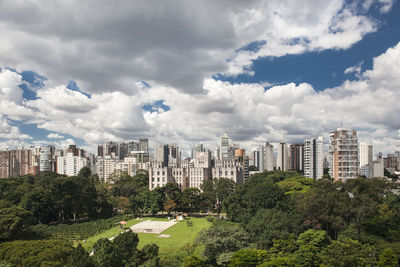 View of cityscape against cloudy sky