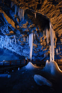 Snow covered rock formations in cave