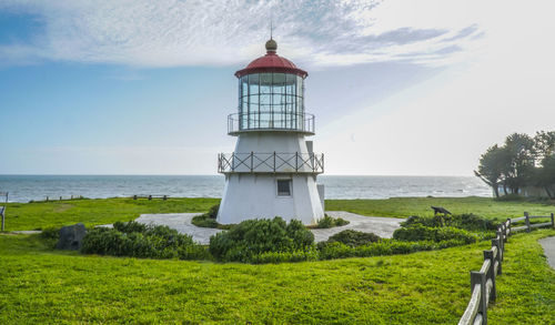 Lighthouse by sea against sky