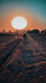 People walking on beach against sky during sunset