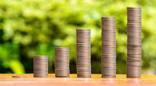 Close-up of coins on table