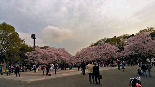 People at amusement park against cloudy sky