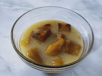 High angle view of soup in glass on table