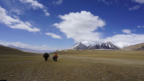 People walking on land against snowcapped mountain 