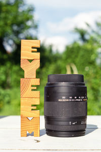 High angle view of text made with toy blocks on table