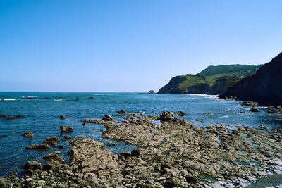 Scenic view of sea against clear blue sky