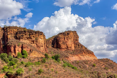 Rock formations on mountain against sky