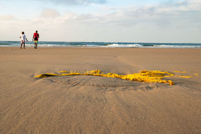 A man and a woman walking at shela beach at sunrise in lamu, unesco world heritage site in kenya