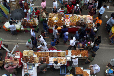 High angle view of people at iftar market during ramadan