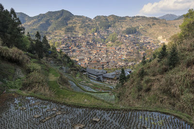 High angle view of townscape against sky