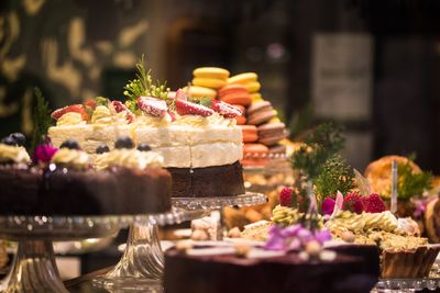 Various sweet food on table