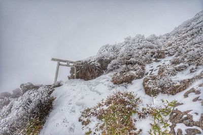 Snow covered landscape against clear sky