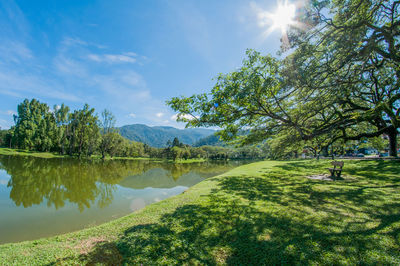 Scenic view of lake against sky on sunny day