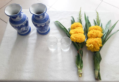 High angle view of various flowers on table