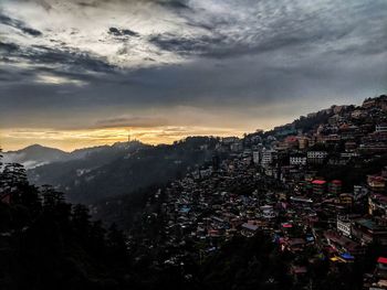 High angle view of townscape against sky at sunset