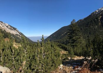 Scenic view of mountains against clear blue sky