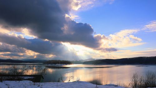 Scenic view of lake against sky during winter