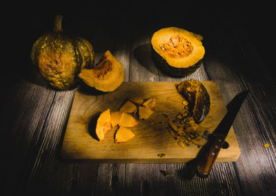 High angle view of pumpkin on table