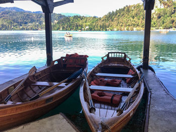 Panoramic view of boats moored in lake