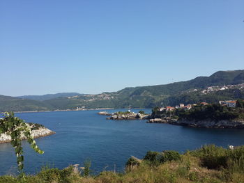 Scenic view of sea against clear blue sky