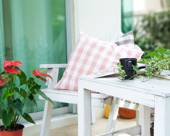 Potted plant on table by window
